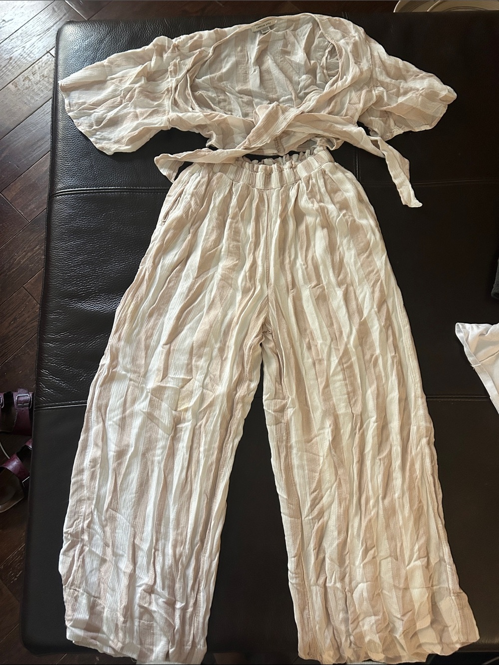American Eagle Outfitters Cream Striped Wide-Leg Pants with matching wrap shirt - Picture 1 of 6